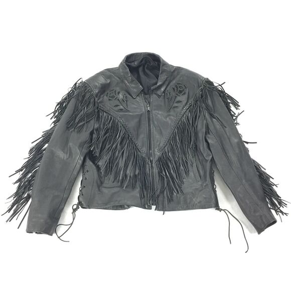 Vintage Jackets & Blazers - Vintage Leather Motorcycle Jacket Size Large Womens Black Braided Fringe Roses L